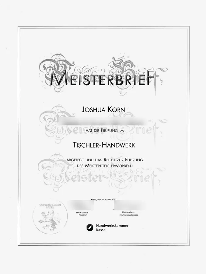 Meisterbrief im Tischler-Handwerk – Joshua Korn, Handwerkskammer Kassel, 2022