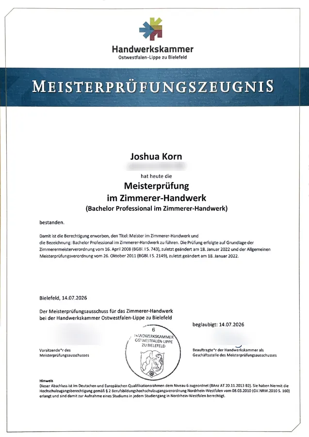 Meisterprüfungszeugnis im Zimmerer-Handwerk – Joshua Korn, Handwerkskammer Ostwestfalen-Lippe zu Bielefeld, Juli 2026